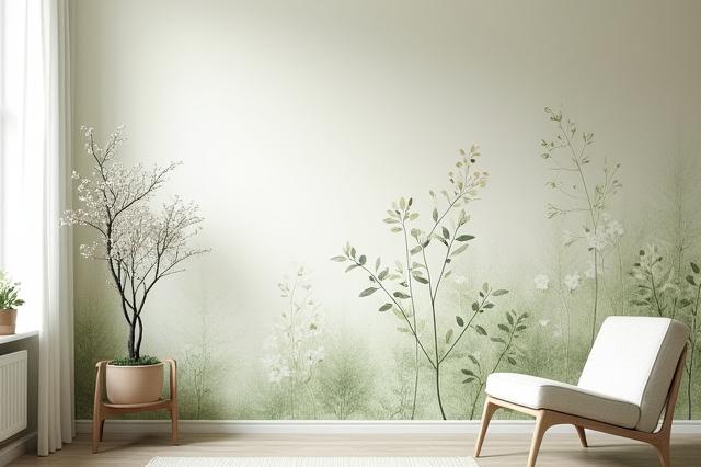 Interiør med veggdekket av elegant blomstertapet i nordisk stil