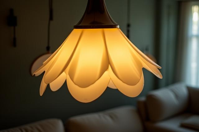 Designer pendellampe med blomsterformet glass i varmt lys